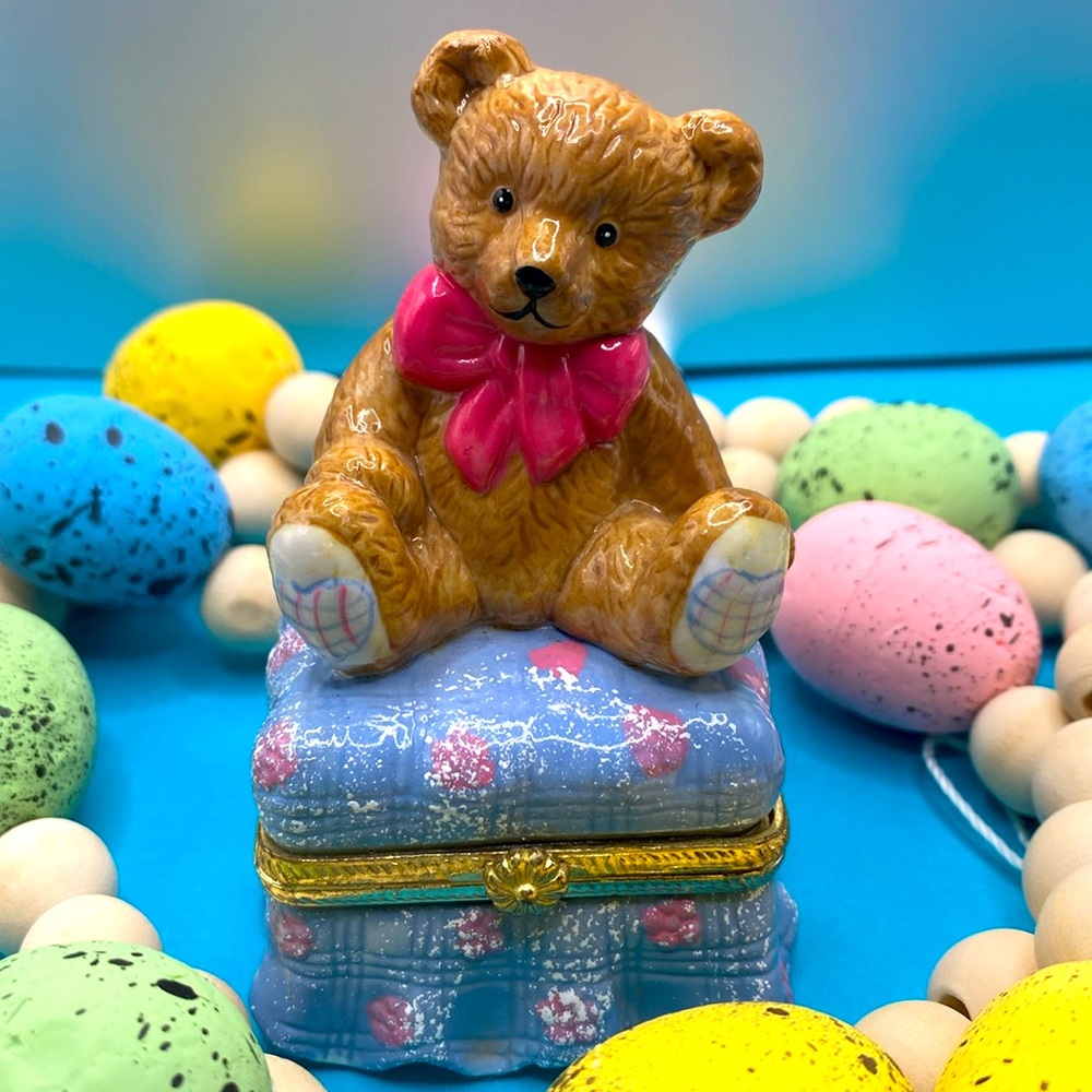 SCC Collectible Porcelain Teddy Bear On Ottoman Hinged Trinket Box